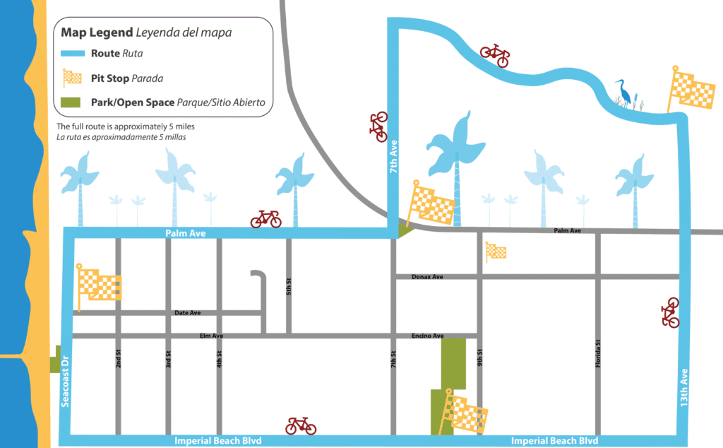 Map of Imperial Beach with a route highlighted in blue. The route goes around the city on Imperial Beach BLVD, to Seacoast BLVD, to Palm Ave, up 7th St, over the Bayshore Bike way and then south on 13th Street. There are four checkered flags indicating pit stops at Veterans Park, People's Park, Palm and 7th street, and the Bikeway Village at 13th St and Florence St.