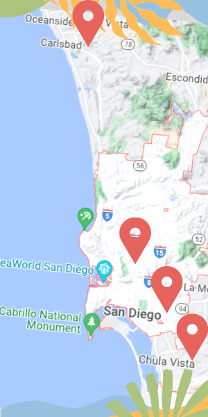 map of san diego county with pin mark on Chula Vista, Southeastern San Diego, Linda Vista and Carslbad